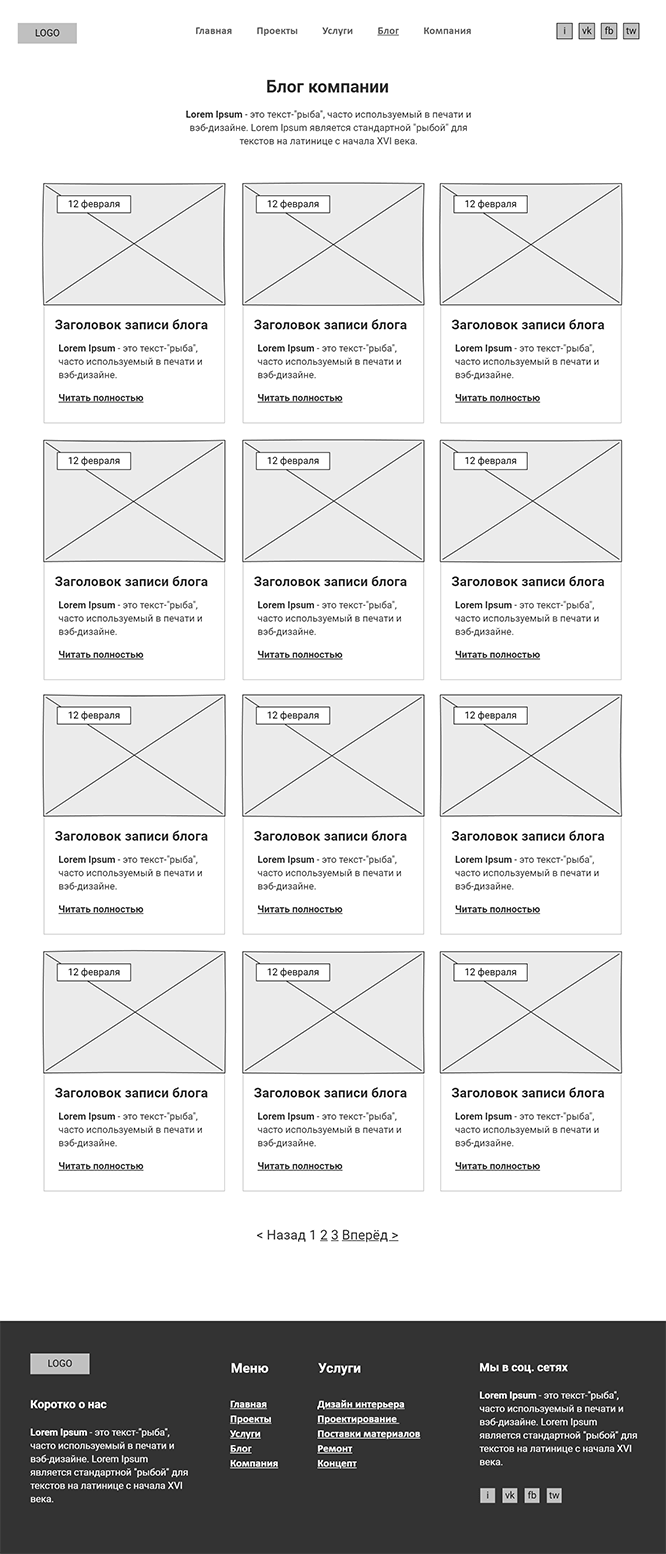 Скетч (прототип) страницы блога