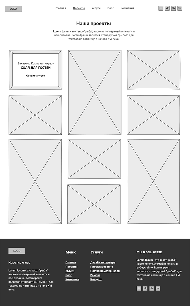 Скетч (прототип) страницы сайта «Наши проекты»